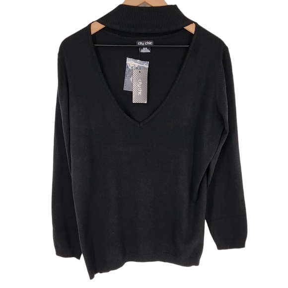 City Chic Mock Neck Collar Long Sleeve Stretch Knit Tunic Sweater Black 14 NWT - Picture 2 of 10